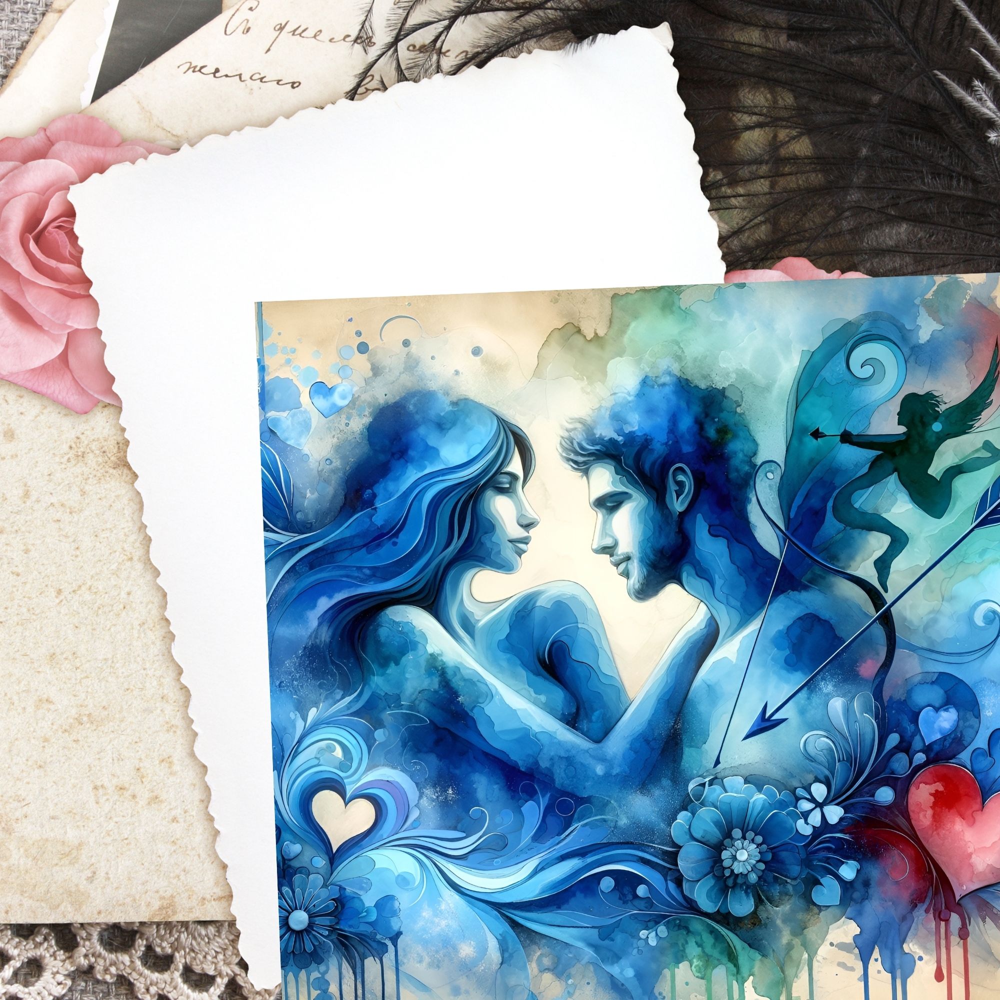 Blue Valentine Watercolor Scrapbook Paper Junk Journal and Paper Craft Supplies - Image 7